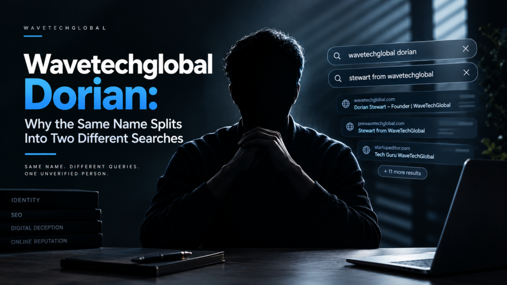 Faceless mysterious figure representing Wavetechglobal Dorian with separate search results for Dorian and Stewart from WaveTechGlobal