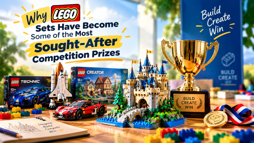 Colorful LEGO building sets displayed as prizes for a creative competition