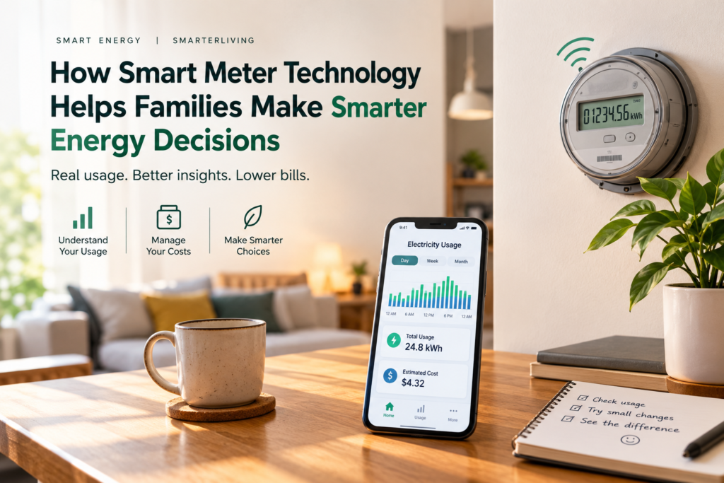 Smart meter technology displaying household electricity usage to help families monitor energy consumption and manage costs.